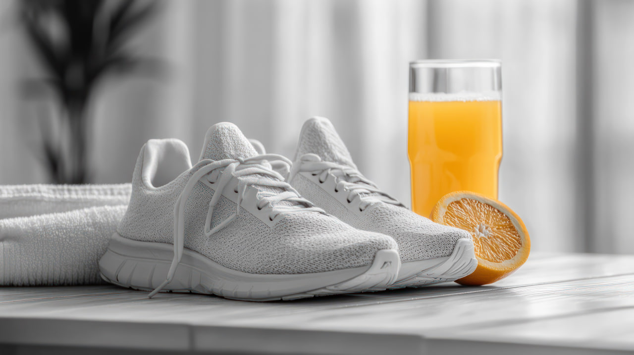 Exercise gear alongside a nutritious dish